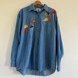 Fall leaves denim Shirt with Leaf long sleeve Embroidery rare size L